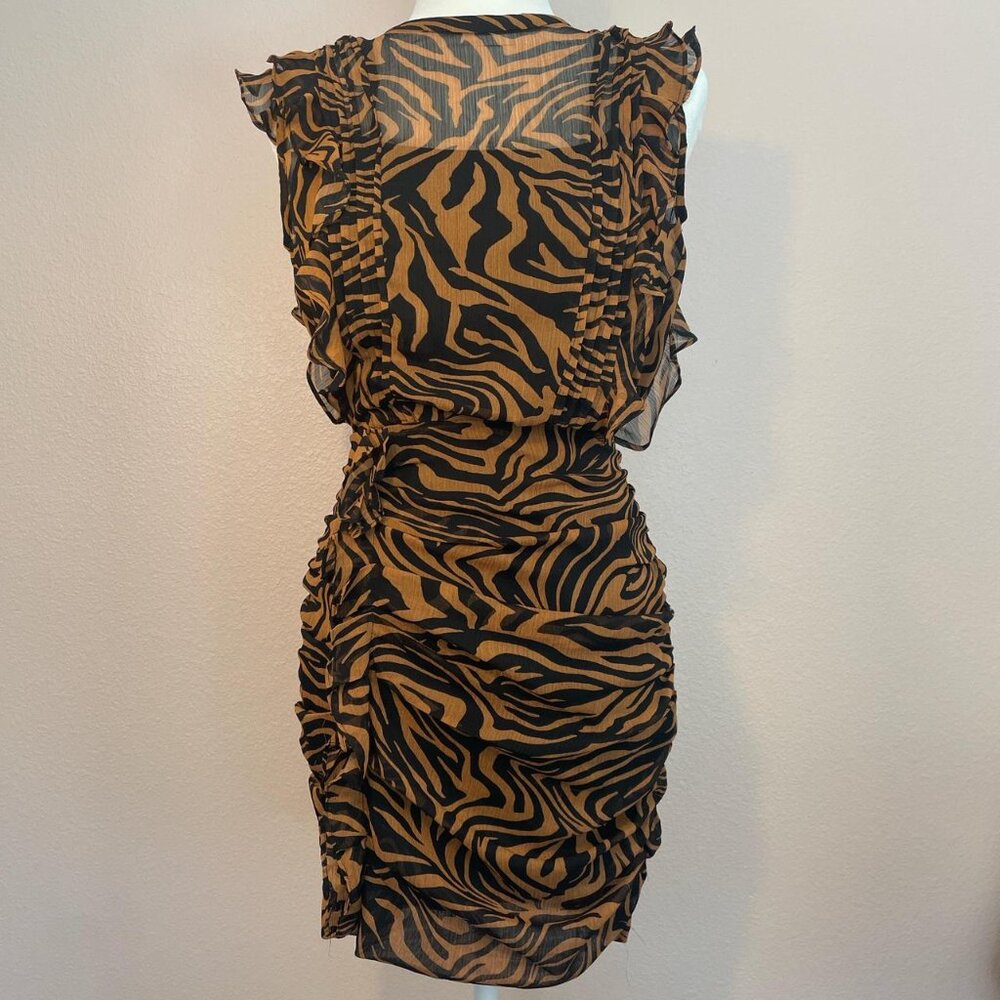 Express Zebra Print Ruched Mini Dress Brown Black Sheer Bodycon S‎